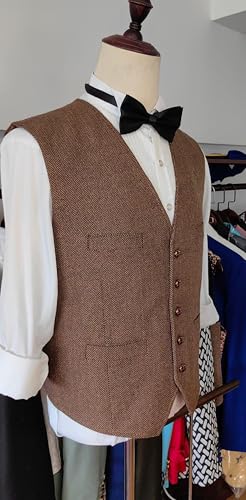 Men's Suit Vests Wool Tweed Vest V Neck Slim Fit Waistcoat Formal Business Retro for Wedding3