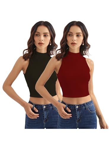 Image of Shasmi Women's & Girls' Solid Ribbed Round Neck Collarless Sleeveless Slim Fit Simplicity Tank Tops (TOP 37)