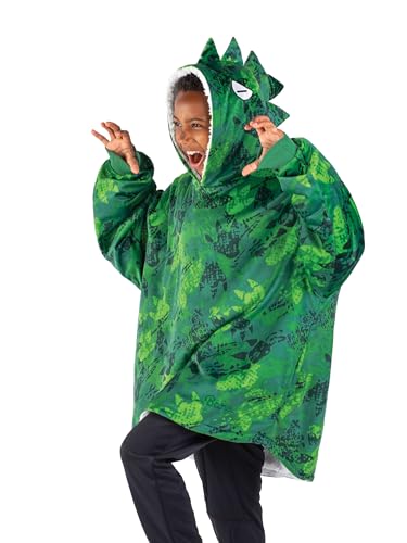 Bare Home Sherpa Fleece Wearable Blanket - Oversized Wearable Blanket Hoodie - Kids Size - Warm & Cozy - Soft Blanket - Comfortable Blanket Sweatshirt with Dual-Sided Pockets (Kids, Dinosaur)