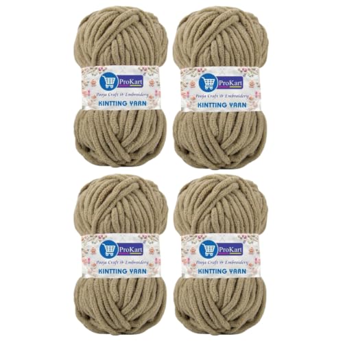 Image of ProKart Premium Blankie Wool, Plush & Cuddly, Chenille Yarn Supersoft Hand Knitting Wool Ball | Blanket Thick /Mottu Yarn Ball Suitable for Hand Knitting and Crocheting for Baby, Adult, Sweaters, caps, Throws, Home Furnishing, Scarves, Blankets (Light Beige, 100gms x 4 Pack)