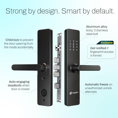 Image of Mygate Smart Door Lock Plus (2026 Model) with 6-Way Unlock | Fingerprint, PIN, Mobile App, RFID Card, Manual Keys | Remote Unlocking via OTP | for Main Wooden Doors |3-Year Warranty by Mygate