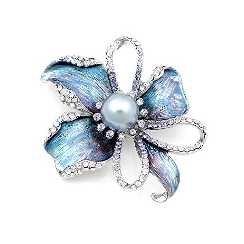 Glamorousky Flower Brooch with Silver Austrian Element Crystal and Grey Fashion Pearl