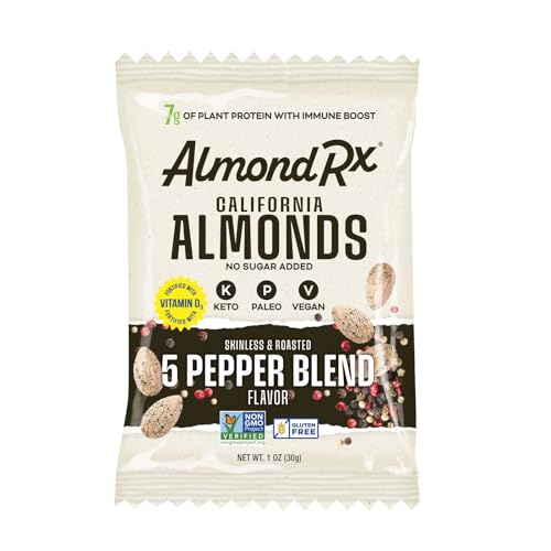 Image of AlmondRx | Heart Healthy Skinless Lightly Salted California Almond Snack Packs | Fortified with Vitamin D | Plant Protein | Keto | Vegan | No Sugar Added (48 Pack, 5 Pepper Blend)
