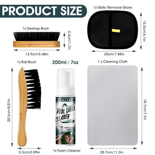 Foam Billiard Tables Cleaner Spray with 2 Pool Table Brushes, 1 Static Gloves, 1 Cloth - Essential Pool Table Cleaning Kit & Billiards Pool Table Accessories Kit for Billiards Players