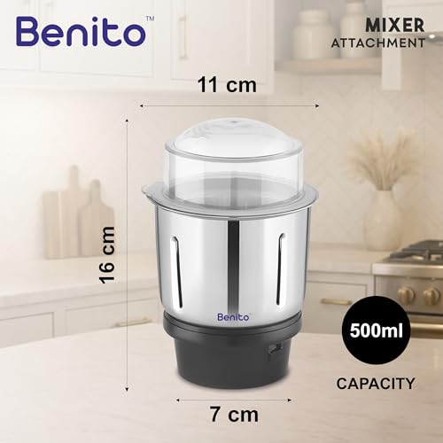 Image of Benito PRO Stainless Steel Chutney Jar(500ml) for Mixer Grinder - Compatible with 4-Teeth Coupler & Dual Locking System