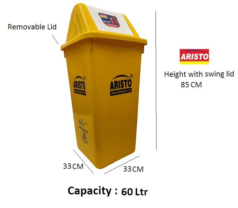 Image of ARISTO Square Swing Lid Plastic Dustbin 60 LTR (Yellow)
