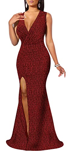 Image of Women's Sexy Long Sleeve Sparkly Maxi Dress V Neck High Slit Wrap Formal Gown Cocktail Glitter Maxi Long Dresses