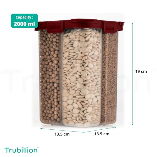 Image of SplitBox - Pack of 2, 4-Section Kitchen Food Storage Container,2000ml BPA-Free Transparent,Black Lid,Removable Divider,Freezer Safe,Stackable,Space Saving,Pulses,Snacks,Dry Fruits (Maroon)