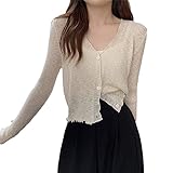 Summer Women's Cardigan - Korean Style Fashion Ice Silk Clothing Thin Solid Color Cardigan Long Sleeve Tops Short Shirt Vintage Elegant Spring Office Outerwear,Khaki,L