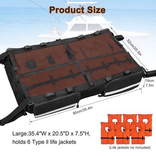 MDSTOP T-Top Storage Bag, Boat Life Jackets Bag Can Secure 4 Fishing Rods, Hold 6 Type II Life Jackets, For Most T-Top Hard Tops, Bimini-Tops, Pontoon Tops(Life Jackets not Included)