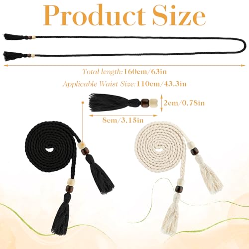 2Pcs Skinny Tassel Waist Belt with Wooden Beads for Women, Skinny Woven Waist Rope Belt Black + White Boho Braided Waist Belt Rope Chain for Thin Dresses, Skirts, and Tunics2