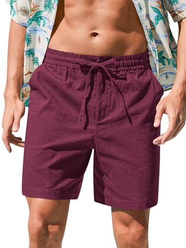 Image of RQP Mens Cotton Linen Shorts Casual Drawstring 7inch Inseam Shorts Stretch Summer Beach Wear