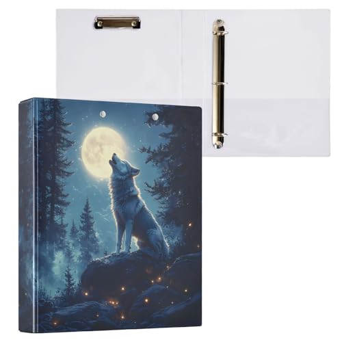 Image of 3 Ring Binder Wolf Moon Galaxy Winter Forest a 1.5 inch Binders Three Ring Binders with Clipboard Fit 8.5'' x 11'' Paper 3 Interior PVC Clear Pockets for Office Supplies