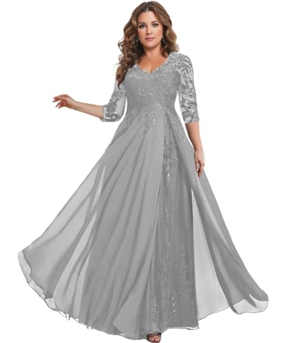 Image of HANVAIOS Sparkly Mother of The Bride Dresses for Women Long Chiffon 3 /4 Sleeve Lace Appliques Formal Gown