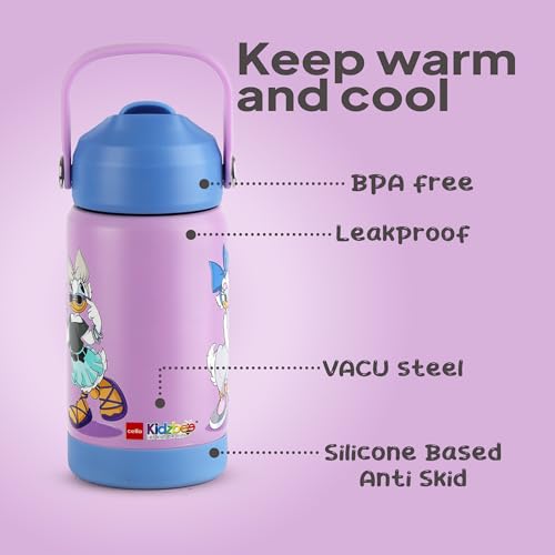 Image of CELLO Kidzbee Gen Alpha Stainless Steel Kids Flask Water Bottle 370 ml | 3D Daisy Duck Touch & Feel Design, Leakproof Lightweight Easy to Carry Hot and Cold Kids Flask Water Bottle For School & Travel