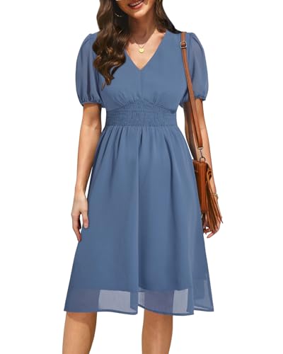 Image of Holipick Women Summer Casual Dress Wedding Guest V Neck Short Sleeves Smocked Waist Chiffon Swing Knee Length Midi Dresses