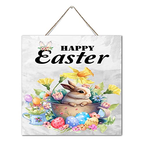 Plaque murale Happy Easter lapin bois suspension Pâques 30cm - 2