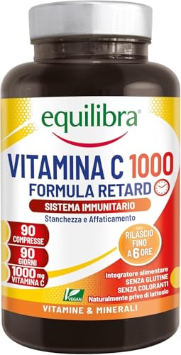 Equilibra, Vitamine C 1000 mg, Complément alimentaire Hautement Dosé pour le Fonctionnement Normal du Système Immunitaire, Libération progressive jusqu'à 6 Heures, Vegan, Sans Gluten, 90 Comprimés