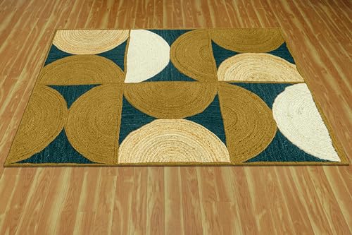 Tapis carré jute tressé main jaune moutarde pour petit espace