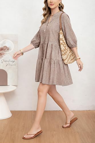 Image of utcoco Women's 2026 Spring Summer Plaid Shirt Dress 3 /4 Puff Sleeve Button Down Loose Casual Midi Dress with Pockets