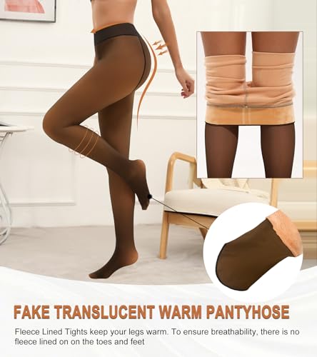 Image of Fleece Lined Tights Women,Tummy Control Fake Translucent Warm Pantyhose High Waist Leggings for Winter