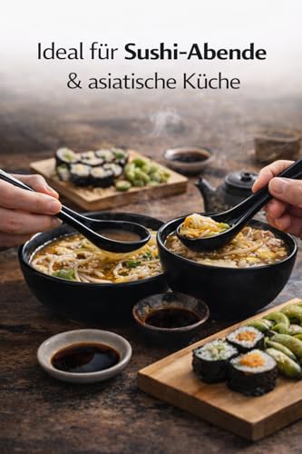 White and black Series ASIATICA | Porzellan-Löffel Set Asien | 13 cm - für Reis, Suppen - zum Servieren von Desserts - Spoon-Set Ramen (2er Set schwarz)