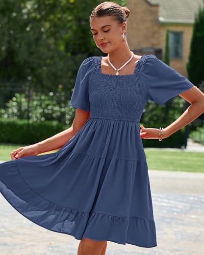 Image of BTFBM Womens Summer Smocked Mini Dress Spring Square Neck Flutter Sleeve Casual Ruffle Swing Boho Beach Dresses Pockets