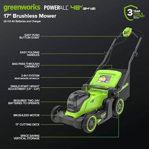 Image of Greenworks 48V (24V x 2) 17 inch Brushless Push Mower + 270 CFM /130MPH Blower + 12 inch String Trimmer Combo with (2) 4.0Ah Batteries, 65W Type-C Charger & (2) 3-ft Cables