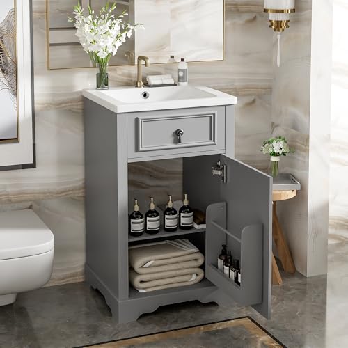 Bellemave 20" Bathroom Vanity with Sink Combo, Solid Wood Storage Cabinet with Adjustable Shelf, Soft Close Door with Built-in Organize, Grey
