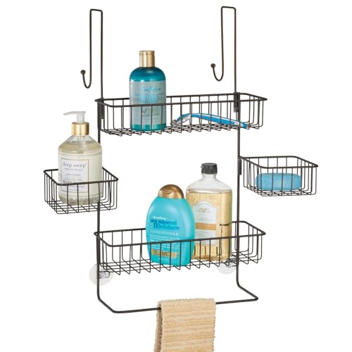 mDesign Over Door Bathroom Tub & Shower Caddy Hanging Storage Organizer Center With Built In Washcloth Bar And Baskets On 3 Levels Center Baskets Swivel Rust Resistant Steel Wire One Size Bronze
