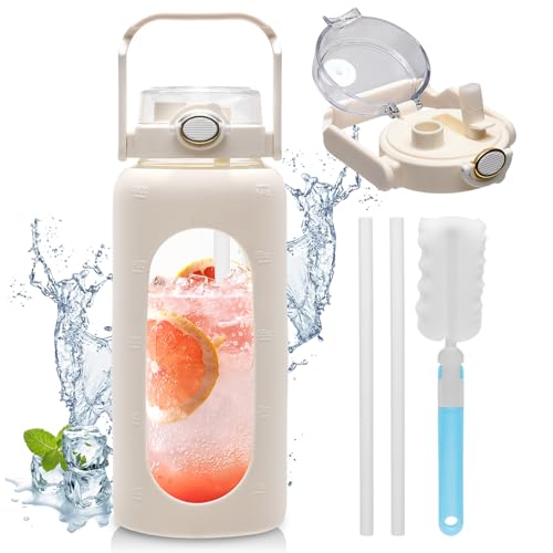 LIFEJXWEN Botella Deportiva de Vidrio, Botella Deportiva 2L con Pajita Doble, Funda De Silicona y 1 Cepillo de Limpieza, Botella de Vidrio a Prueba de Fugas Adecuada para Niños y Adultos(Blanquecino)
