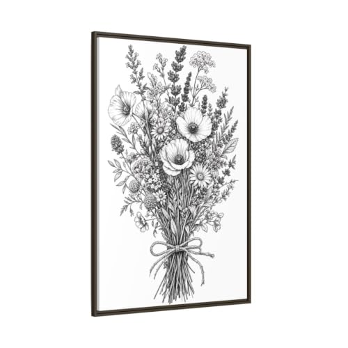 Toile fleurie monochrome avec cadre espresso - Art mural grand format pour salon élégant