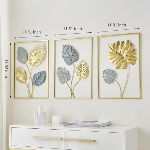 Image of Framing Hub - Gold Metal Wall Decor Leaf Wall Hanging Decoration, Set of 3 Metal Wall Art Home Decor for Living Room Office Bedroom Hotel