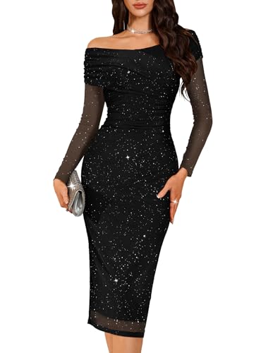 BeryLove Womens Long Sleeve Off Shoulder Formal Wedding Guest 2025 Mesh Sequin Dress