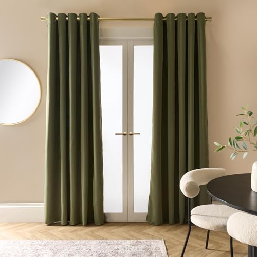 Dreamscene Blackout Curtains Bedroom 2 Panels Super Soft Thermal Insulated Eyelet Curtain Decorative Winter Summer Olive Green Curtains for Living Room 46 x 72