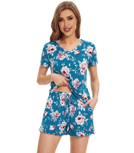 Image of WiWi Womens Pajamas Set Bamboo Viscose Super Soft Short Sleeve Top Ruffle Shorts Sleepwear Cooling Pj Sets S-XXL