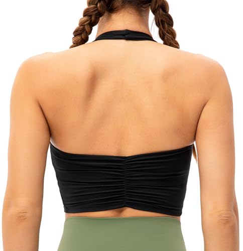 Lavento Women's Halter Sports Bra Pleated Longline Padded Yoga Crop Bras Top