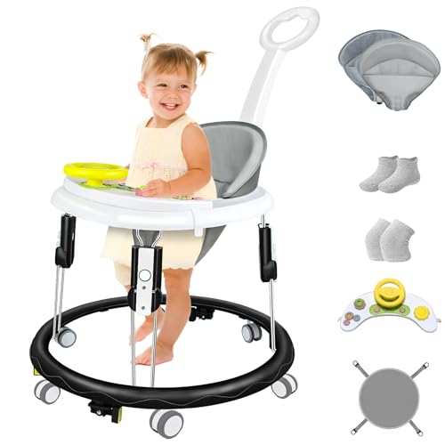 Foldable Baby Walker for Boys and Girls, 5-in-1 Baby Walker with Wheels, Adjustable Height Toddler Activity Walker with Music Tray, Detachable Seat and Mute Anti-Rollover Baby Walkers for 6-24 Months