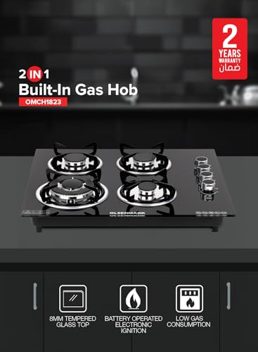 Olsenmark 2 in 1 Built in Gas Hob OMCH1823, 8mm Tempered Glass Top, 4 GAS Brass Burner, Auto Ignition, Thick Pan Support, Bakelite Knobs, Low Gas Consumption