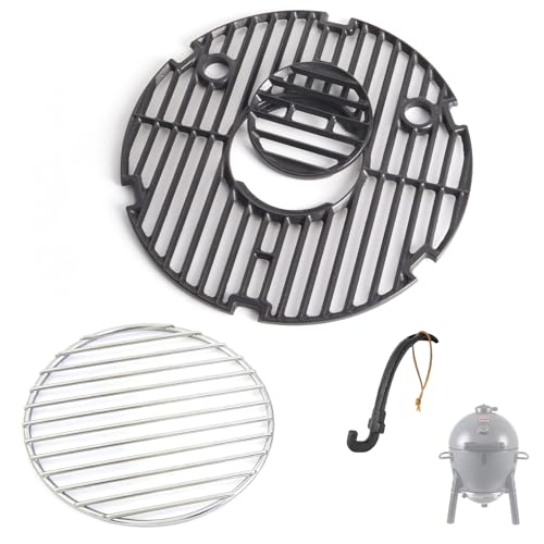 SafBbcue Round Cast Iron Grill Grate for Char-Griller AKORN Jr. Portable Kamado Charcoal Grill – Replacement Cooking Grate, Charcoal Grate, and Grid Lifter Set – Perfect Fit for E86714 Models