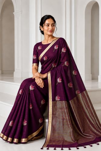 Image of Women's Kosa Linen Floral Motif Design with Unstitched Blouse Piece