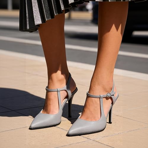 Image of SAMMITOP Womens High Heels Ankle Strap Pointed Toe Stilettos Patent Leather Beaded Pumps Dress Shoes 3.5 Inch