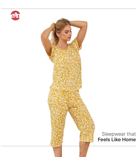Image of ENJOYNIGHT Womens Pajama Sets Cotton Pj Set Short Sleeve Top With Capri Pants Sleepwear 2 Piece Lounge Set