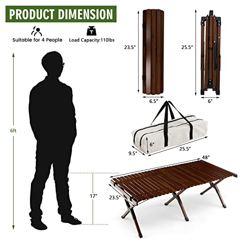 Costway Folding Picnic Table, Portable 4Ft Roll Up Camping Table With Storage Bag, For 4-6 People, Low Height Foldable Bamboo Bench Table, For Indoor & Outdoor Party, Bbq And Hiking (Brown) #TOP2