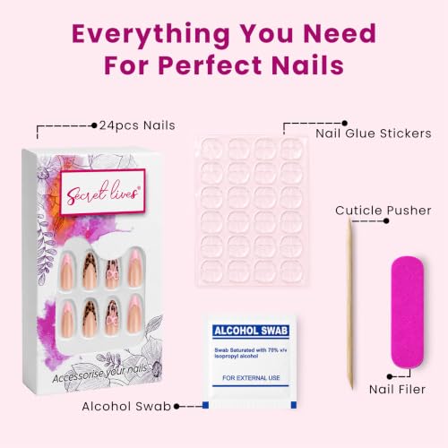 Image of Secret Lives Glossy Pink French Tip Press-On Nails with Leopard Print With 3D Bow Artificial Nail Art, 24-Piece Set with Kit