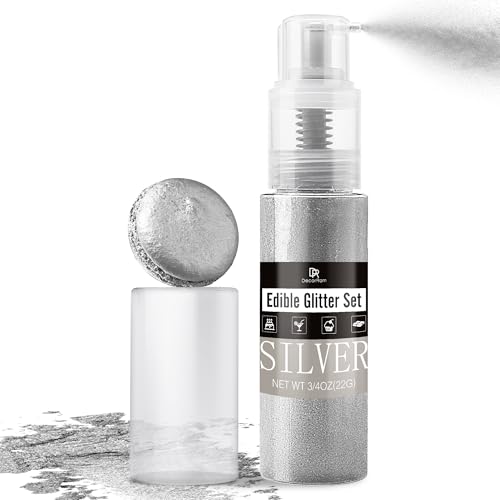 Silber Essbarer Glitter Spray – 22g Essbarer Glitzerstaub & Lebensmittelfarbe Spray zum Dekorieren von Torten, Kuchen, Getränken, Süßigkeiten & Cocktails. Lebensmittelechter Glitzer in Pulverform