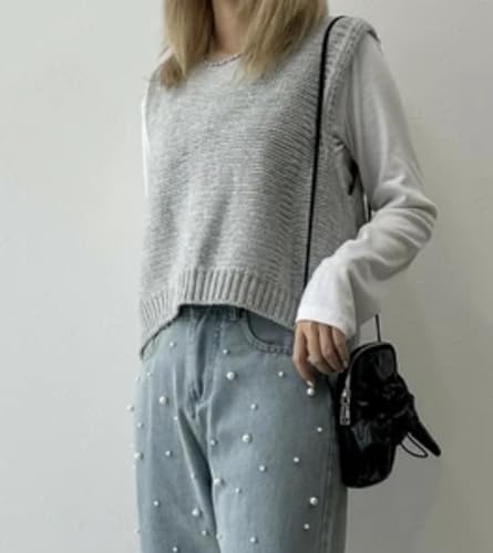 Image of Women's Back Tie Bow Knit Sweater Vest Casual Tops Y2K Sleeveless Crew Neck Knit Vest
