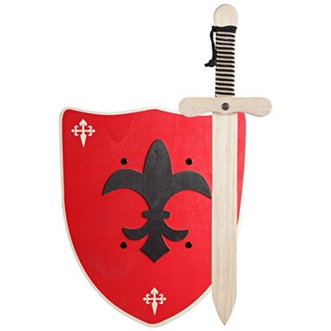 GERILEO Handmade Wooden Knight Sword and Shield - Toy for Kids, Boys and Girls - Complement for Games, Imitation Games, Costume, Medieval, Warrior, Theme Party, Middle Ages (Red Shield XL) Cover