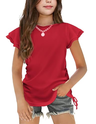 Arshiner Tshirt Mädchen Rot Kurzarmshirt Rüschenärmel Oberteil Kinder Sommer Rundhals Top mit Kordelzug 9-10 Jahre