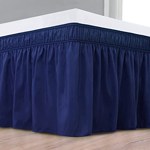 Biscaynebay Wrap Around Bed Skirts For Queen Beds 15" Drop, Navy Elastic Dust Ruffles Easy Fit Wrinkle & Fade Resistant Silky Luxurious Fabric Solid Machine Washable #TOP2